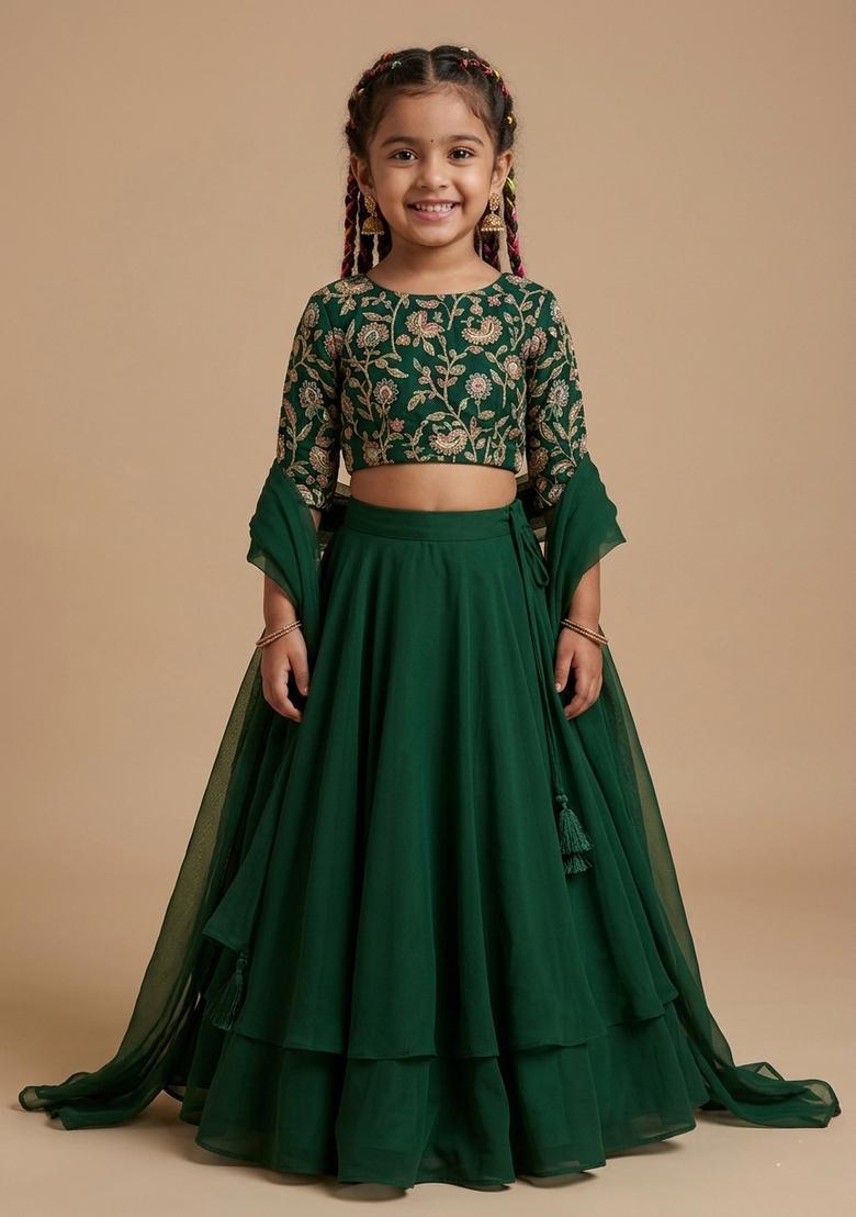 Girls Dark Green Figure Print Crepe Lehenga Set - Indya
