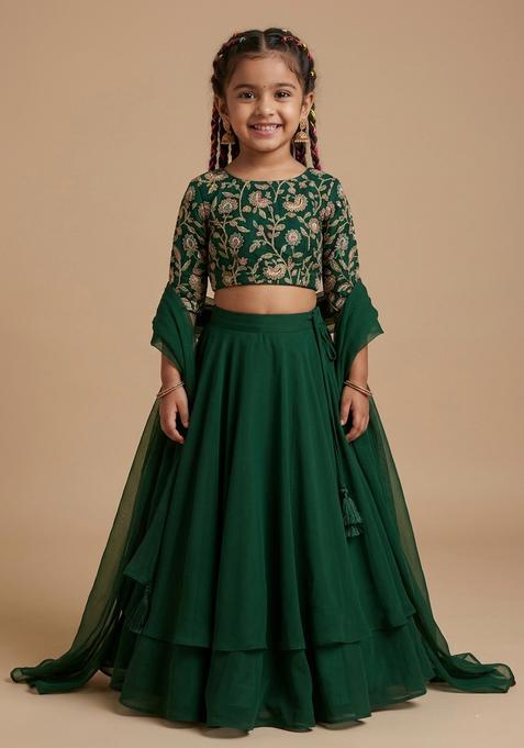 Girls Dark Green Figure Print Crepe Lehenga Set