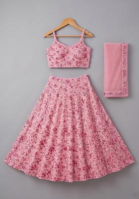 Girls Light Pink Sequin Net Lehenga Set