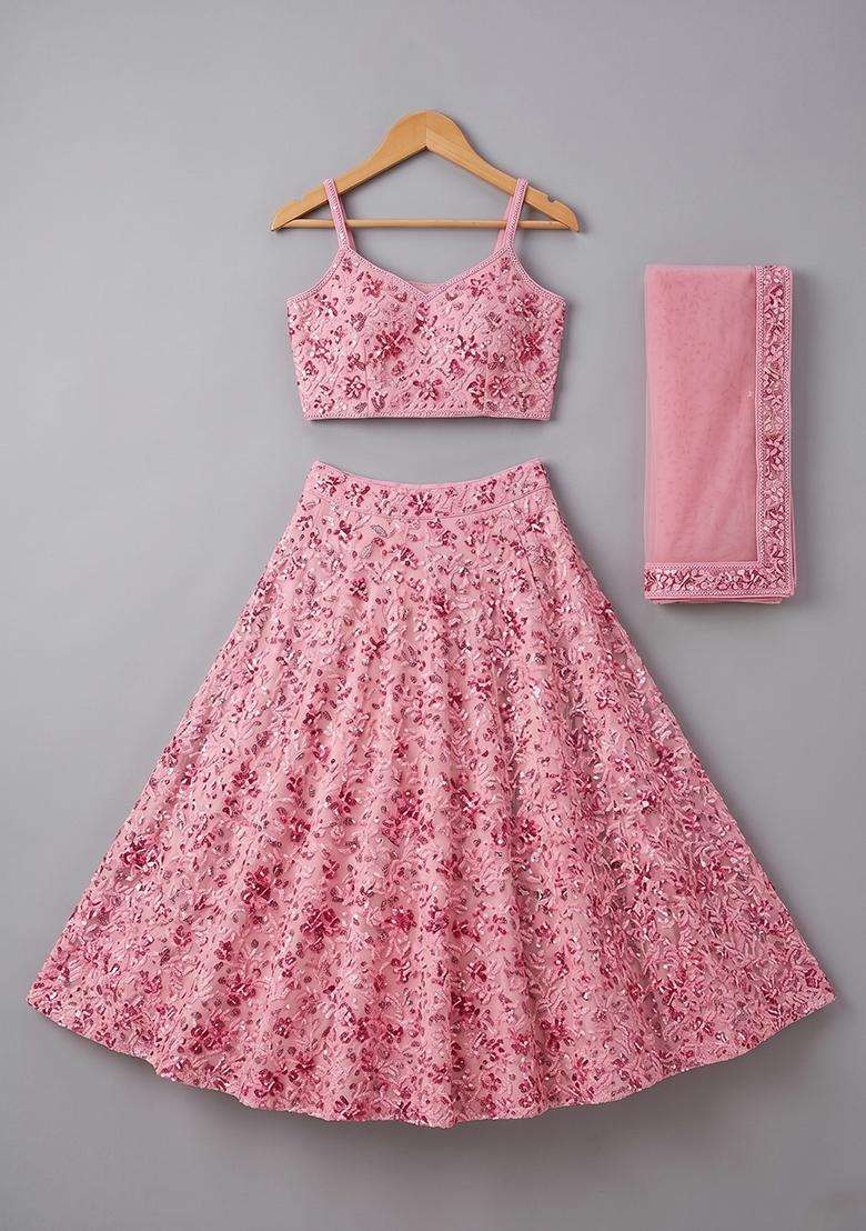 Girls Light Pink Sequin Net Lehenga Set - Indya