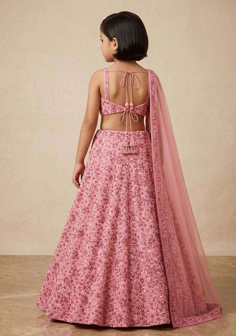 Girls Light Pink Sequin Net Lehenga Set - Indya