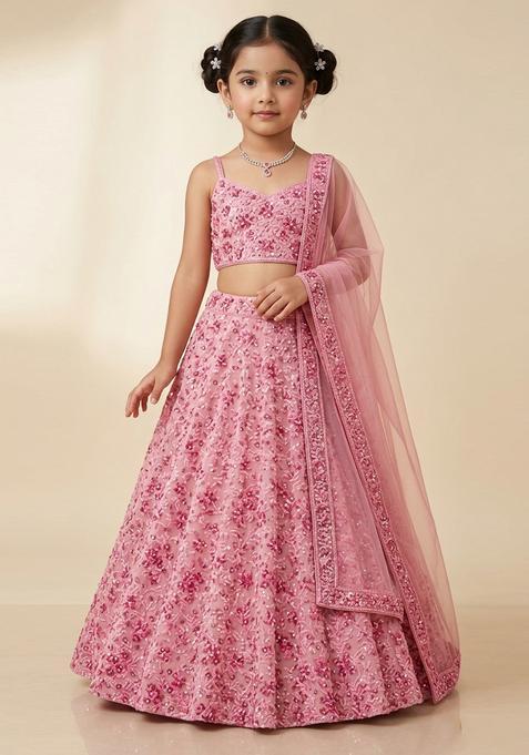 Girls Light Pink Sequin Net Lehenga Set