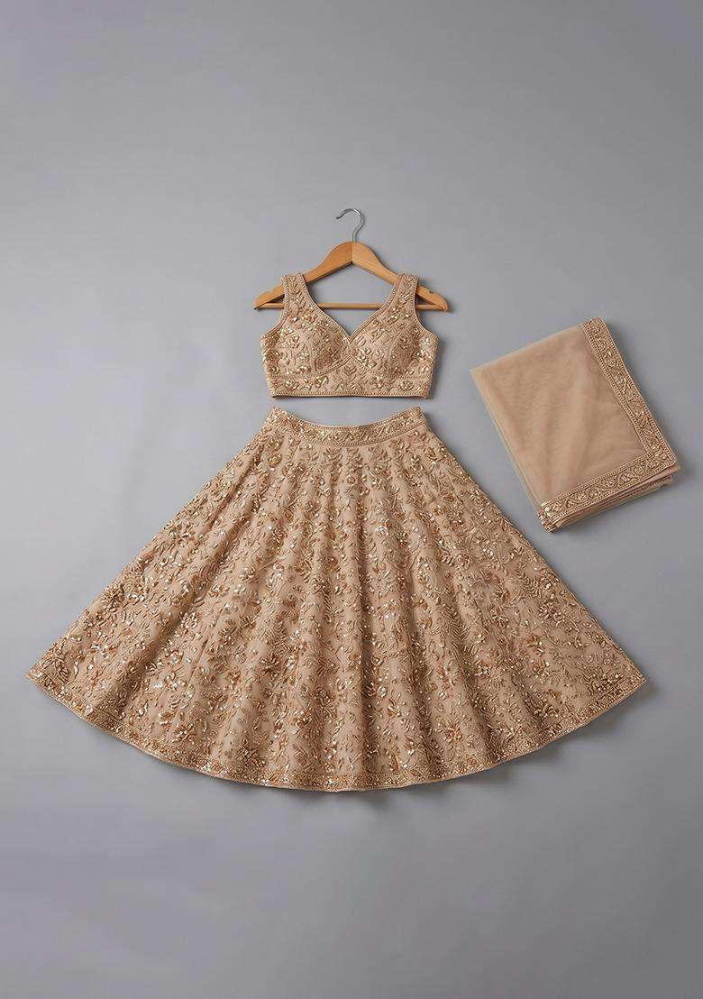 Girls Beige Embroidered Net Lehenga Set - Indya