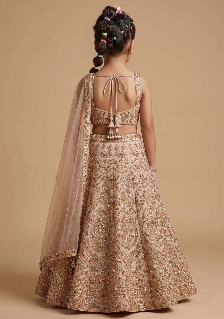 Girls Beige Embroidered Net Lehenga Set - Indya