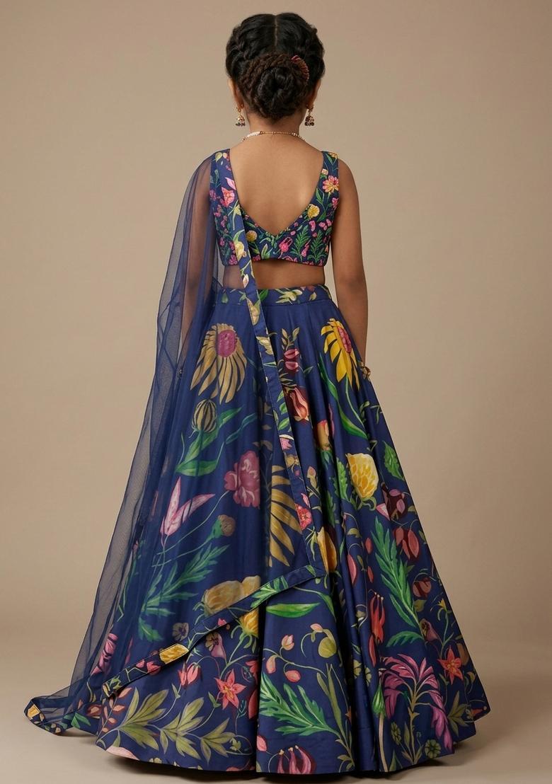 Girls Navy Blue Floral Print Satin Lehenga Set - Indya