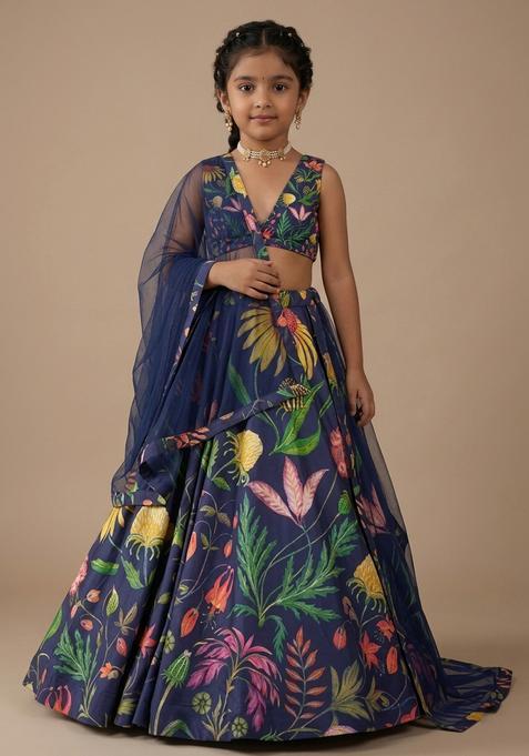 Girls Navy Blue Floral Print Satin Lehenga Set