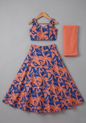 Girls Coral Floral Print Chinon Lehenga Set