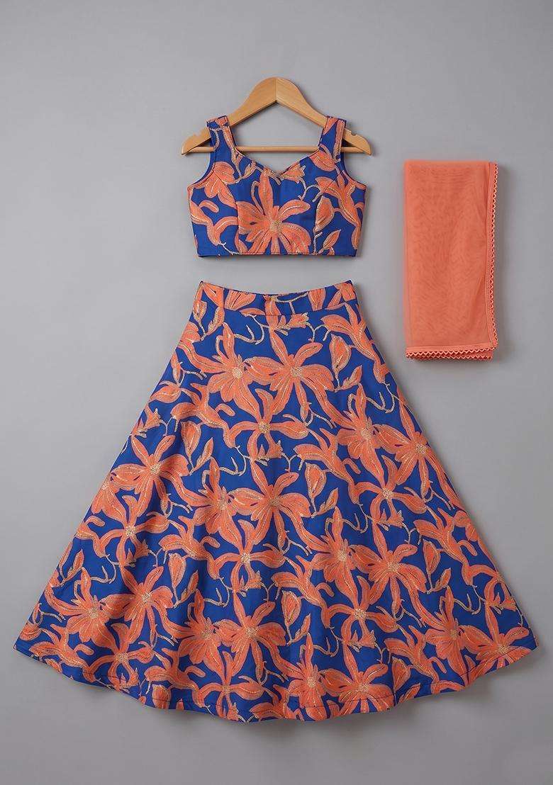 Girls Coral Floral Print Chinon Lehenga Set - Indya