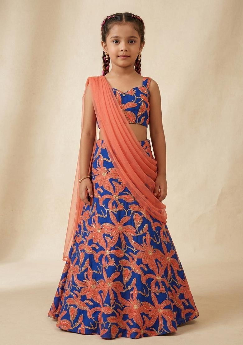 Girls Coral Floral Print Chinon Lehenga Set - Indya