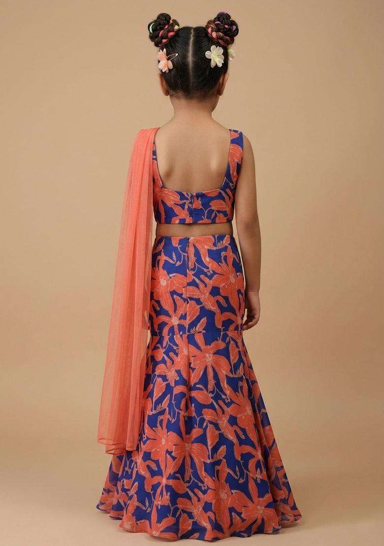 Girls Coral Floral Print Chinon Lehenga Set - Indya