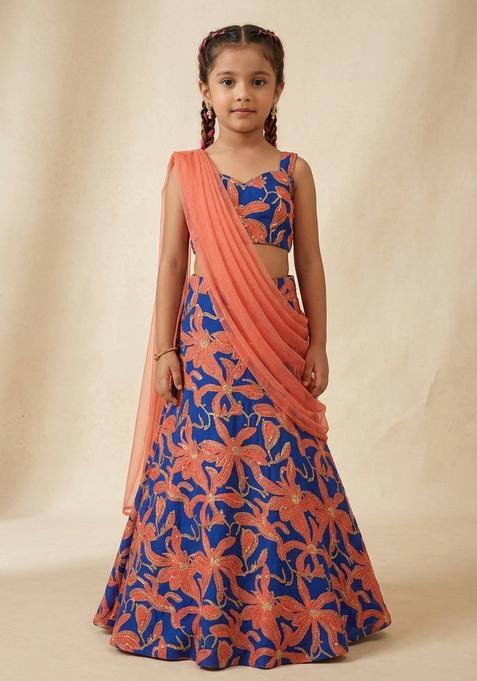 Girls Coral Floral Print Chinon Lehenga Set