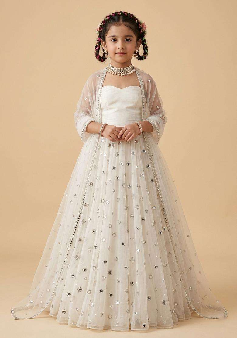 Girls Off White Embroidered Crepe Lehenga Set - Indya