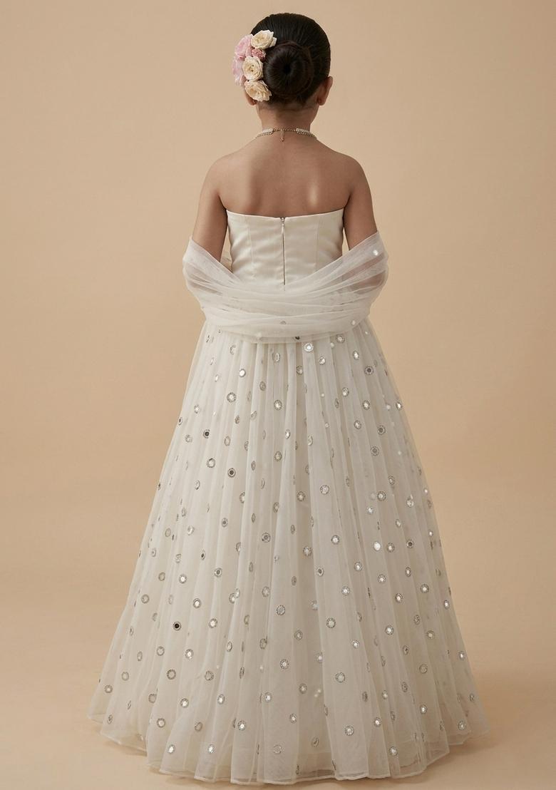 Girls Off White Embroidered Crepe Lehenga Set - Indya