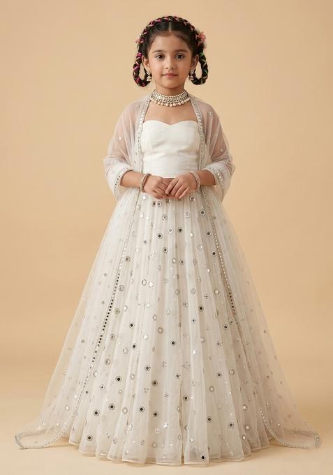 Girls Off White Embroidered Crepe Lehenga Set