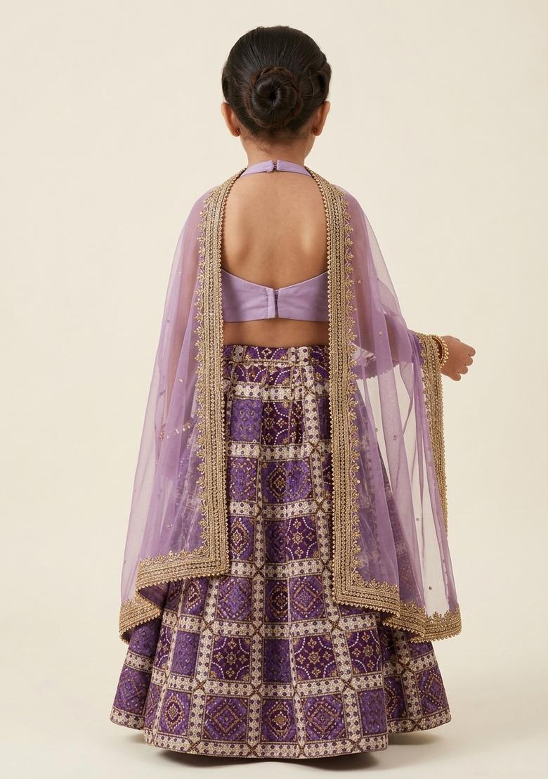 Girls Lavender Embroidered Crepe Lehenga Set - Indya