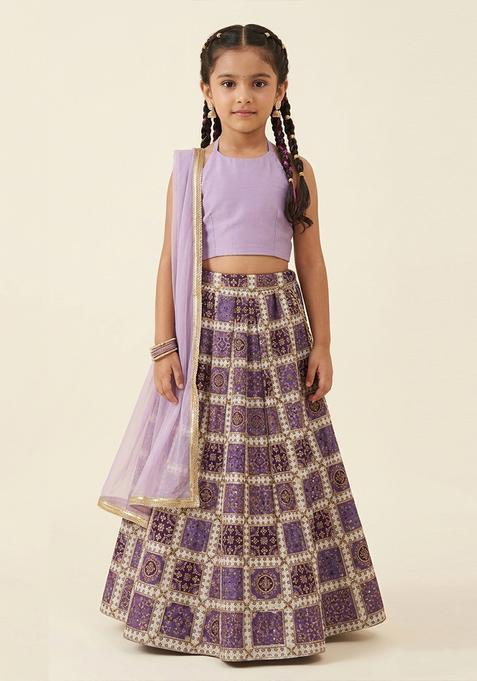 Girls Lavender Embroidered Crepe Lehenga Set