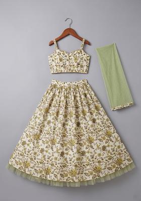 Girls Sage Green Floral Print Crepe Lehenga Set