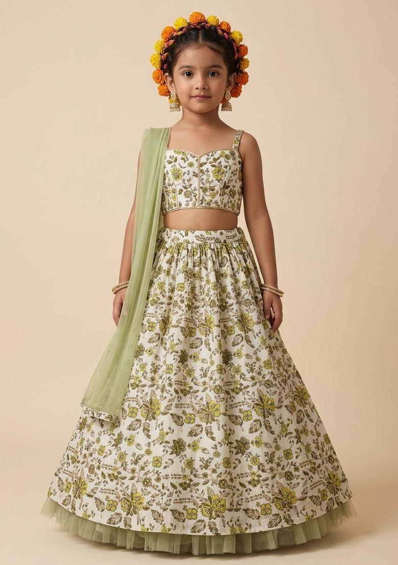 Girls Sage Green Floral Print Crepe Lehenga Set - Indya