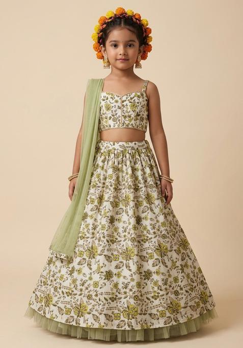 Girls Sage Green Floral Print Crepe Lehenga Set