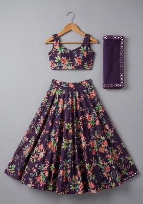 Girls Purple Floral Print Georgette Lehenga Set