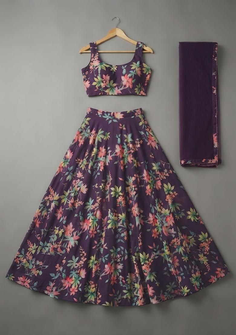 Girls Purple Floral Print Georgette Lehenga Set - Indya
