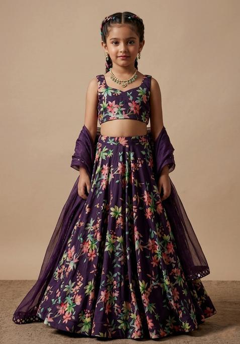 Girls Purple Floral Print Georgette Lehenga Set