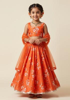 Girls Coral Orange Floral Print Georgette Lehenga Set