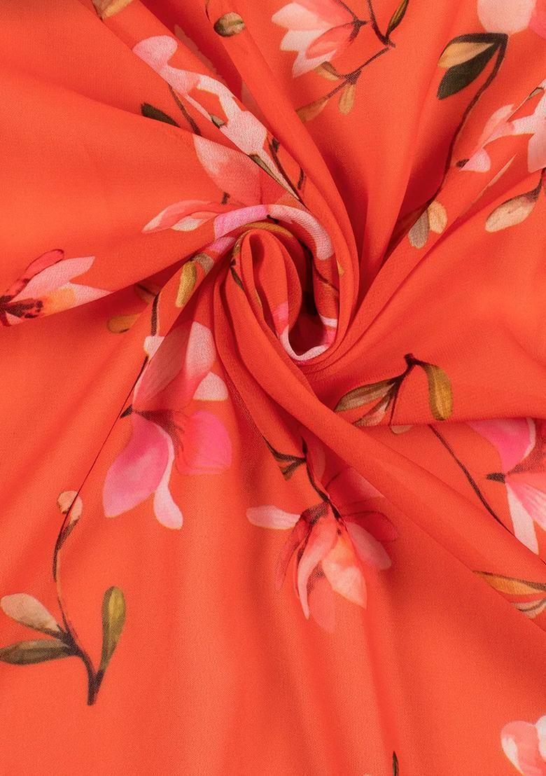 Girls Coral Orange Floral Print Georgette Lehenga Set - Indya