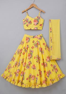 Girls Yellow Floral Print Georgette Lehenga Set