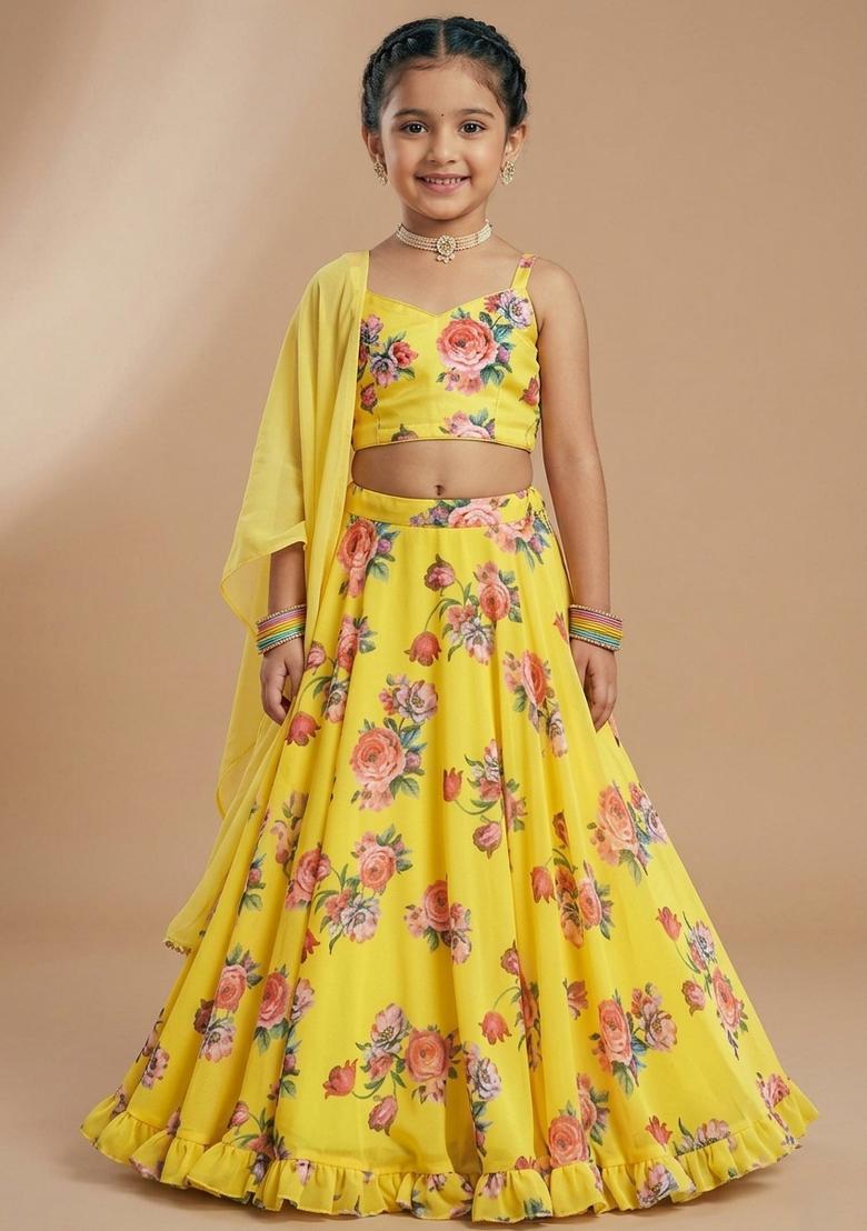 Girls Yellow Floral Print Georgette Lehenga Set - Indya