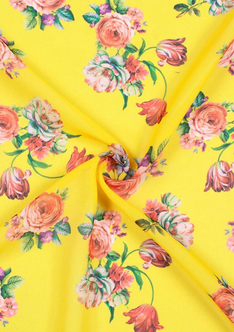 Girls Yellow Floral Print Georgette Lehenga Set - Indya