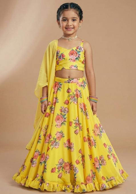 Girls Yellow Floral Print Georgette Lehenga Set