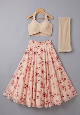 Girls Cream Floral Print Georgette Lehenga Set