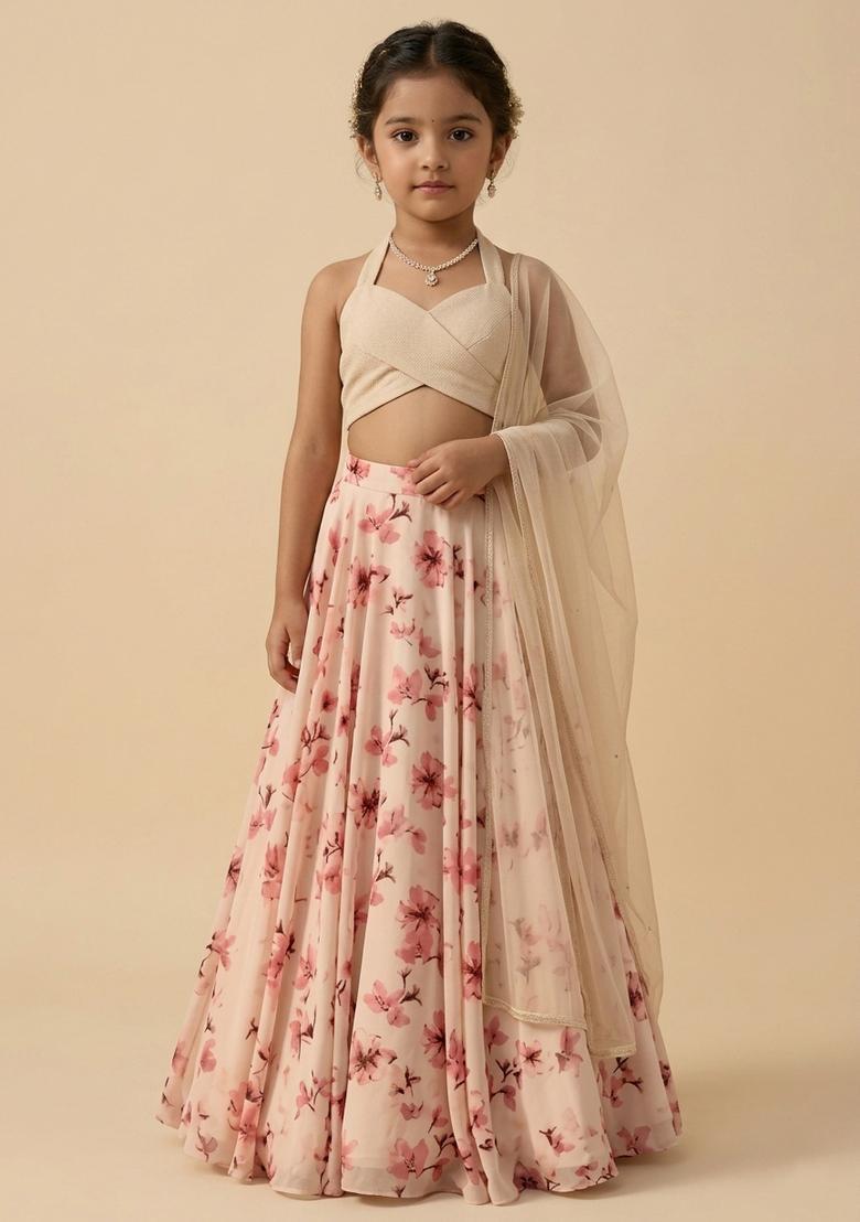 Girls Cream Floral Print Georgette Lehenga Set - Indya