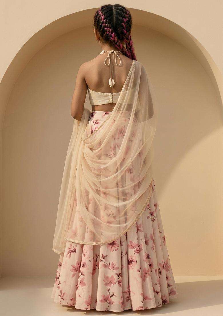 Girls Cream Floral Print Georgette Lehenga Set - Indya