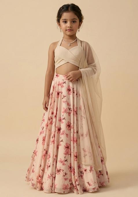 Girls Cream Floral Print Georgette Lehenga Set