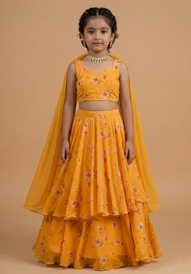 Girls Yellow Floral Print Chinon Lehenga Set