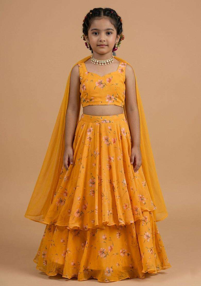 Girls Yellow Floral Print Chinon Lehenga Set - Indya