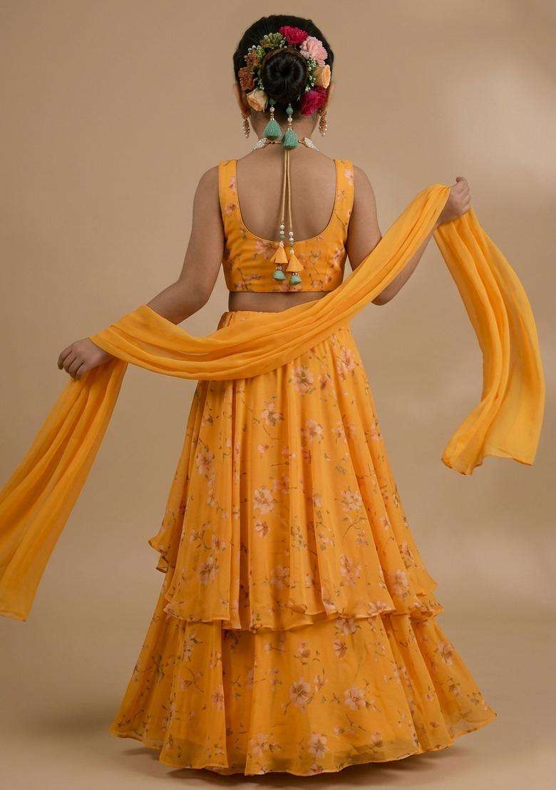 Girls Yellow Floral Print Chinon Lehenga Set - Indya