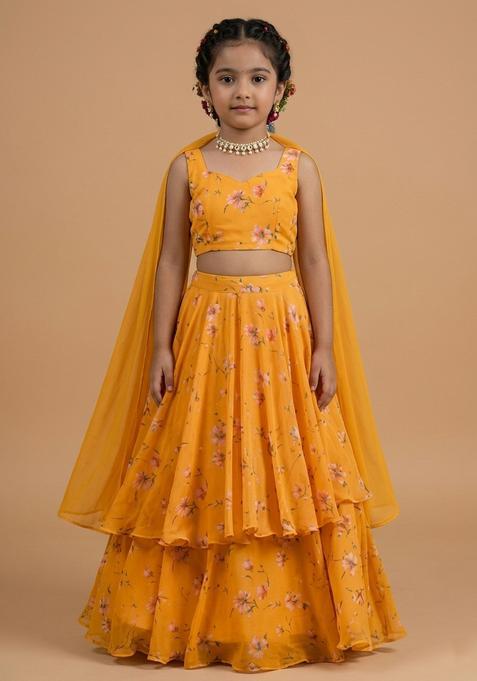 Girls Yellow Floral Print Chinon Lehenga Set