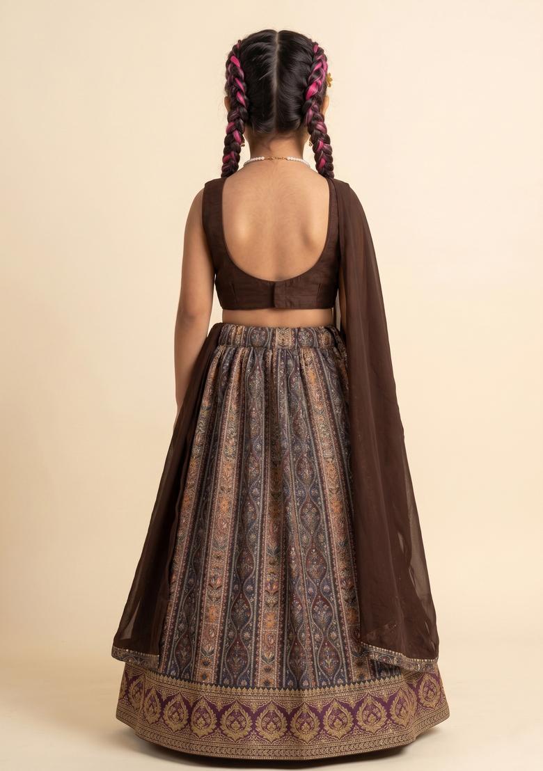 Girls Brown Embroidered Crepe Lehenga Set - Indya