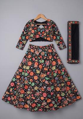 Girls Black Floral Print Chinon Lehenga Set