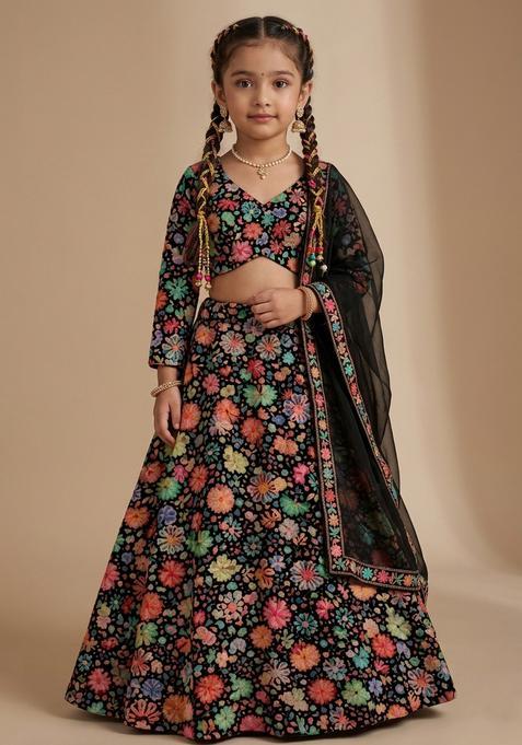 Girls Black Floral Print Chinon Lehenga Set