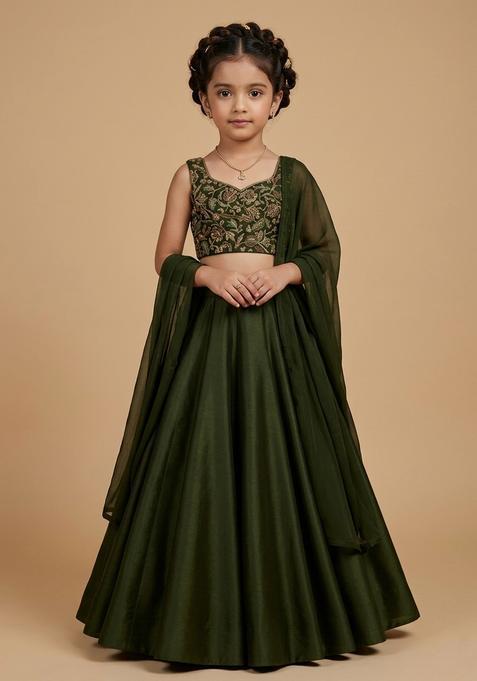 Girls Emerald Green Embroidered Crepe Lehenga Set
