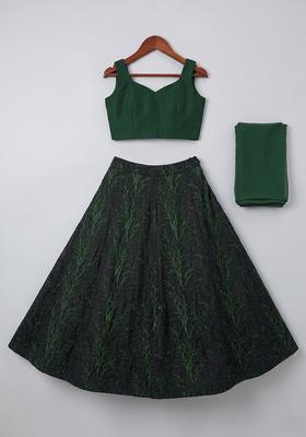 Girls Deep Green Printed Silk Lehenga Set