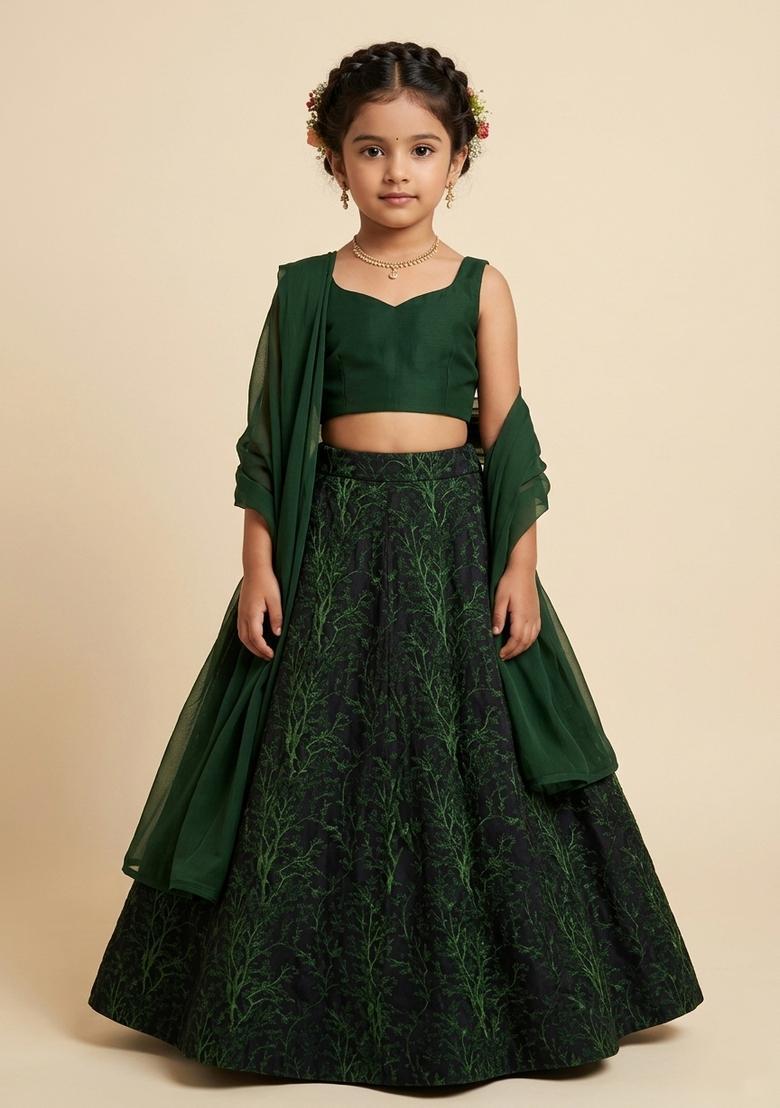 Girls Deep Green Printed Silk Lehenga Set - Indya
