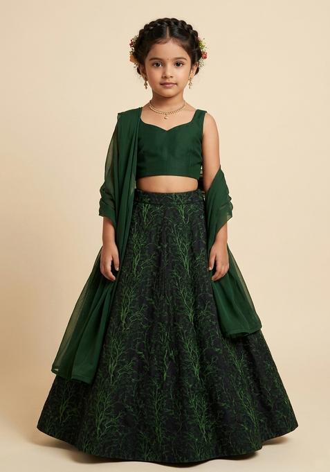 Girls Deep Green Printed Silk Lehenga Set