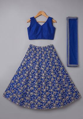 Girls Royal Blue Embroidered Crepe Lehenga Set