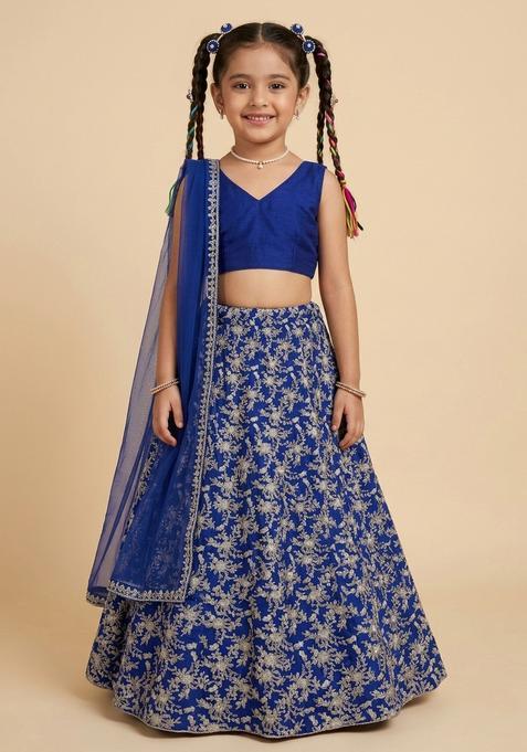 Girls Royal Blue Embroidered Crepe Lehenga Set