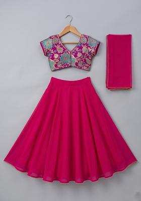 Girls Rani Pink Floral Print Crepe Lehenga Set
